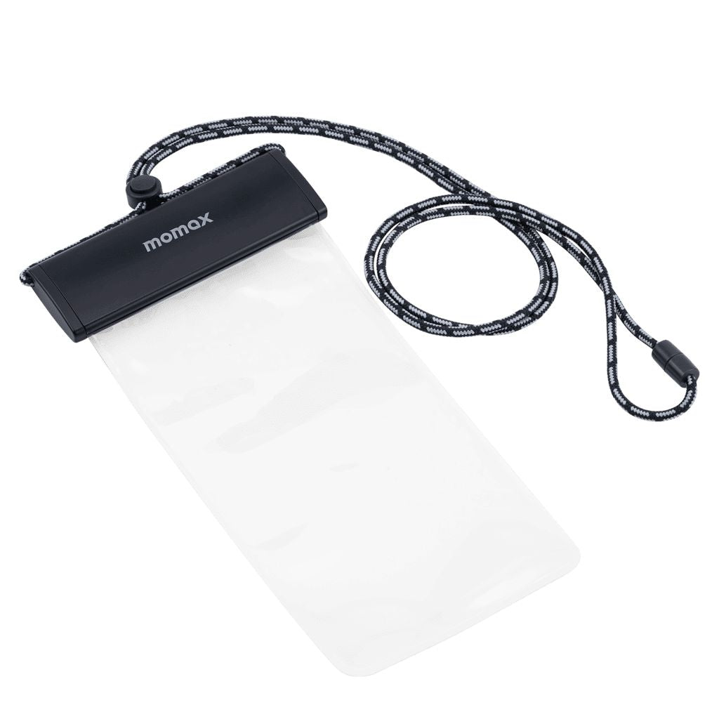 Clear phone case with black strap and 'momax' branding on a white background