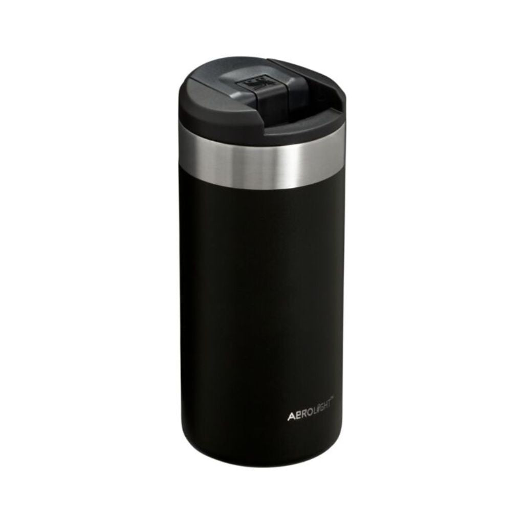 Black thermos with silver lid on a white background