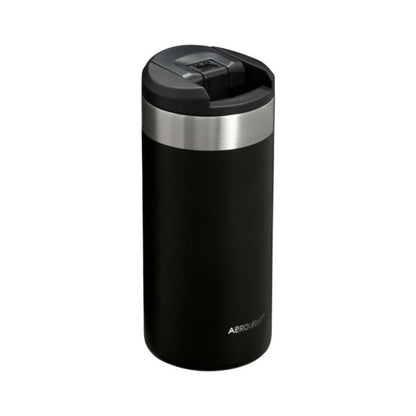 Black thermos with silver lid on a white background