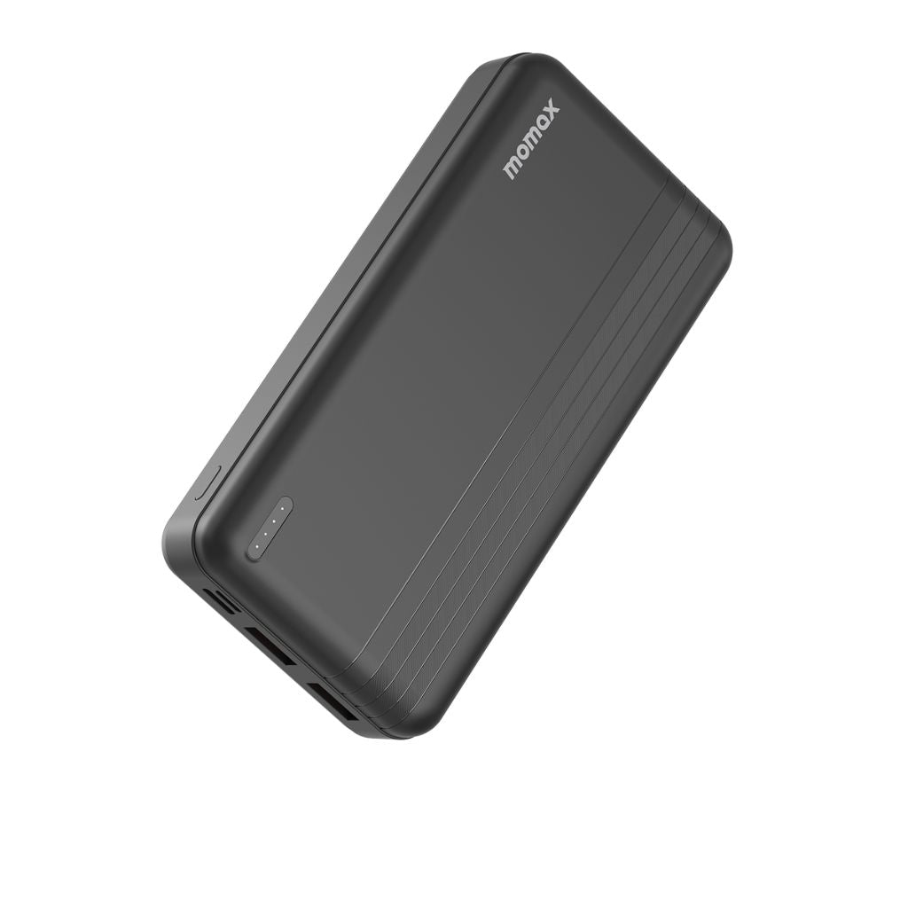 Black power bank with 'momax' branding on a white background