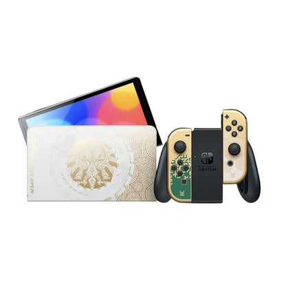 Nintendo Switch gaming console with Joy-Con and dock on a white background