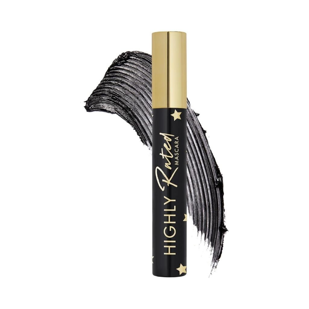 Black mascara with gold cap and 'Highly Rated' text on a white background