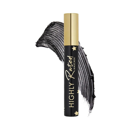 Black mascara with gold cap and 'Highly Rated' text on a white background