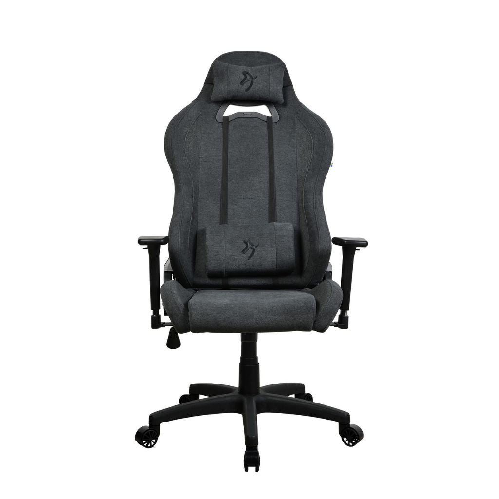 Gray gaming chair with headrest on a white background