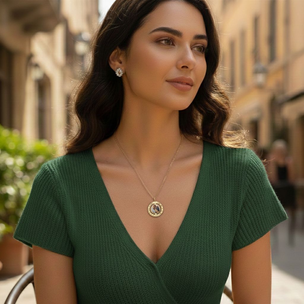 Woman wearing a green dress with a necklace in an urban setting