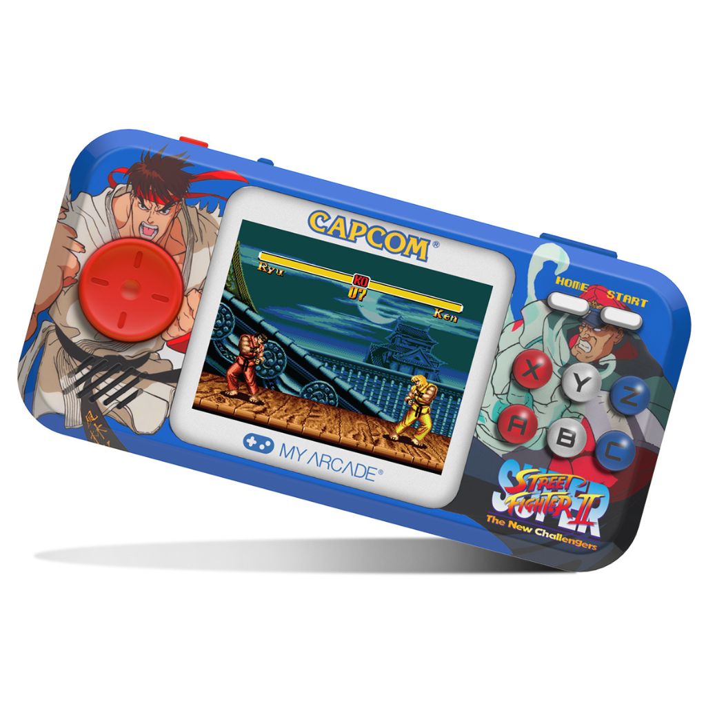 Handheld gaming console with 'Street Fighter II' design on a white background