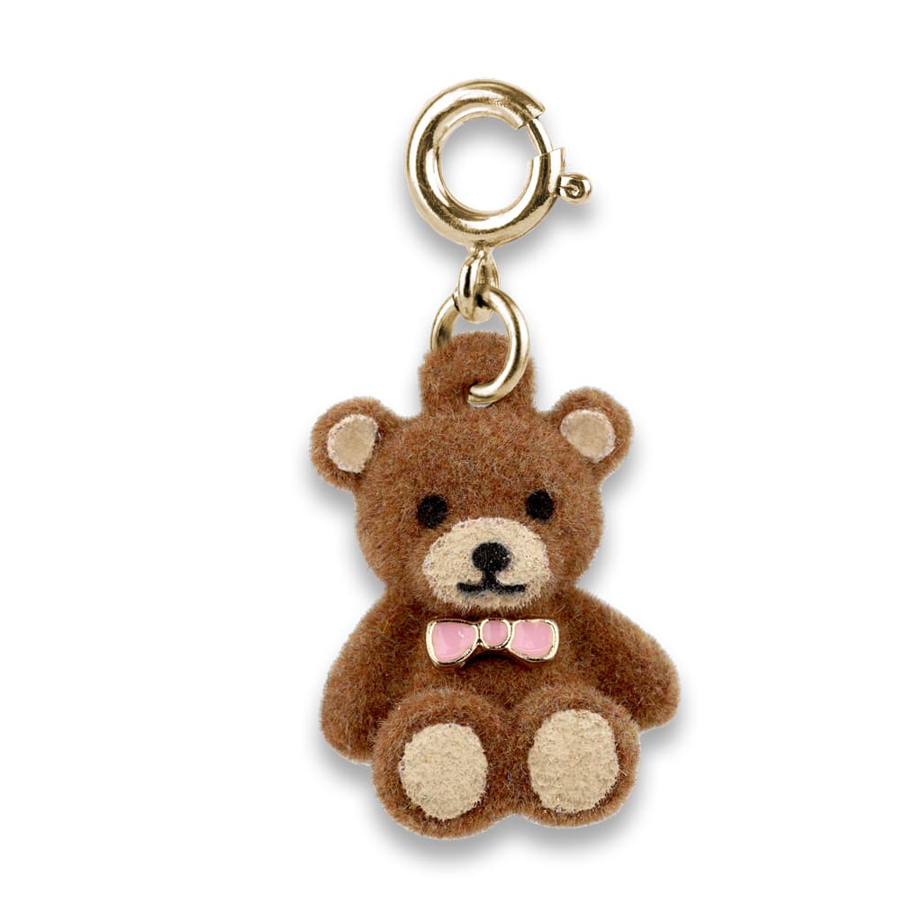 Brown teddy bear charm with a gold clasp on a white background