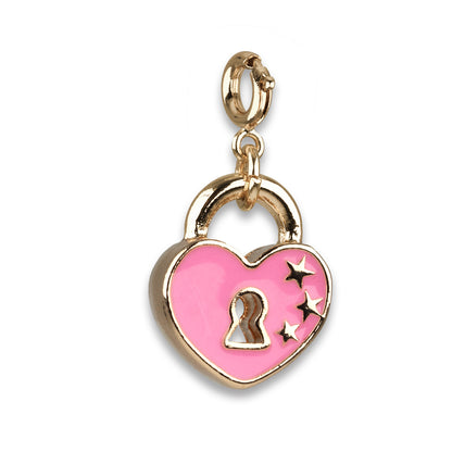 Heart-shaped gold and pink charm with a keyhole design on a white background
