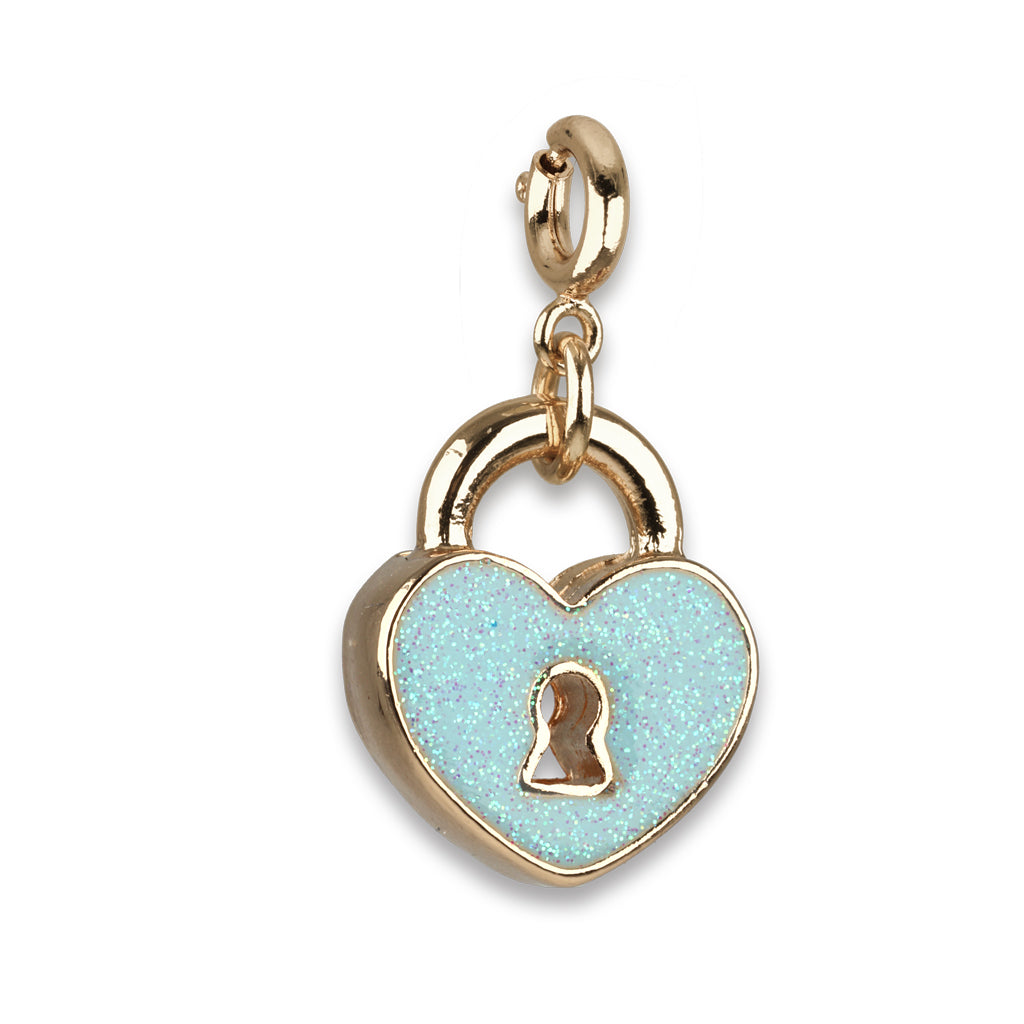 Heart-shaped lock charm with gold outline and light blue center on a white background