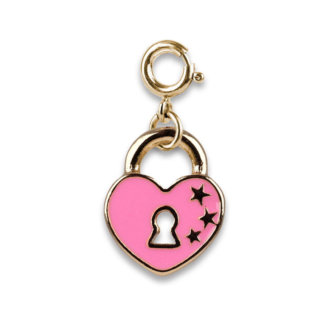 Pink heart-shaped lock charm with gold accents on a white background