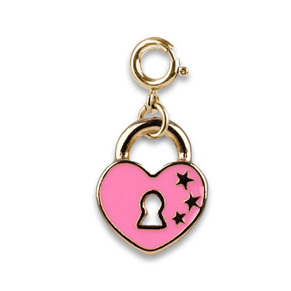 Pink heart-shaped lock charm with gold accents on a white background