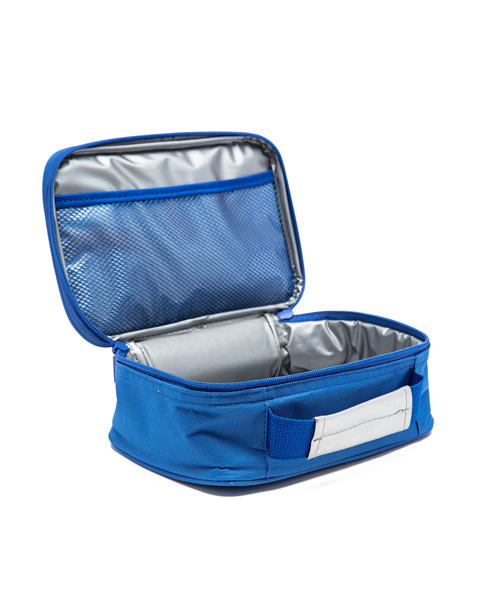 Blue insulated lunch bag with a white label on a white background