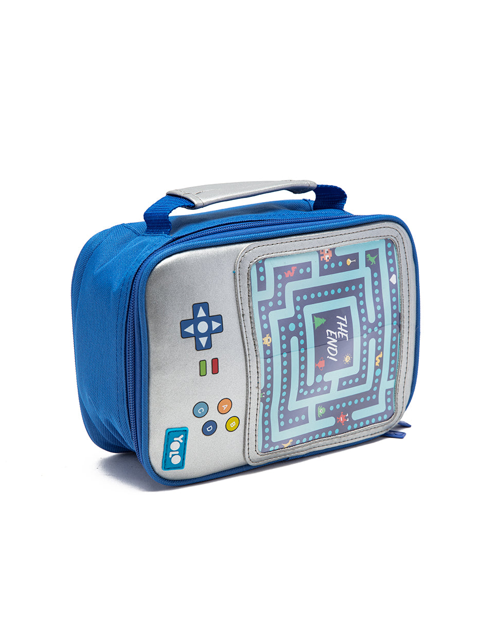 Blue and gray lunch bag with game console design on a white background