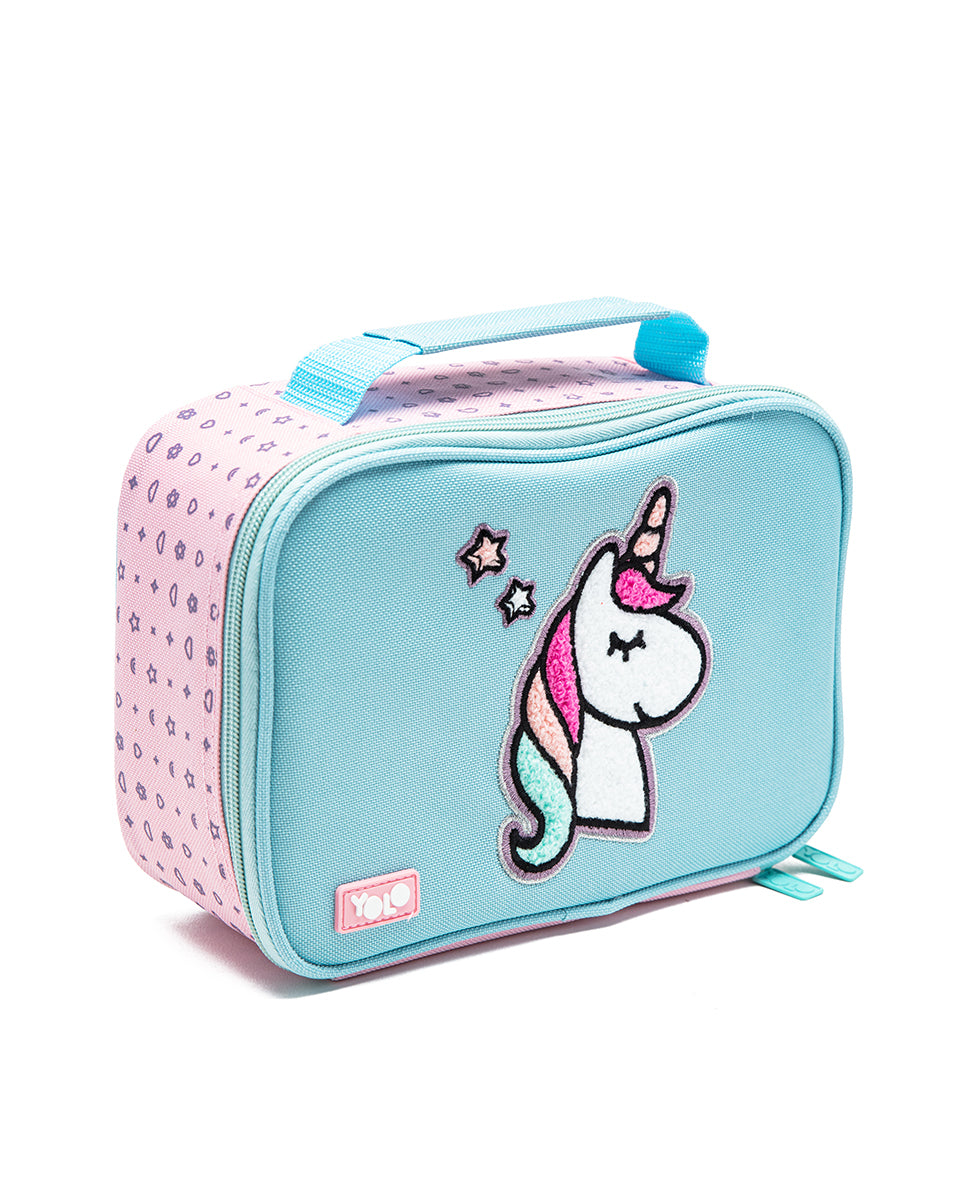 Light blue lunch bag with unicorn design on a white background