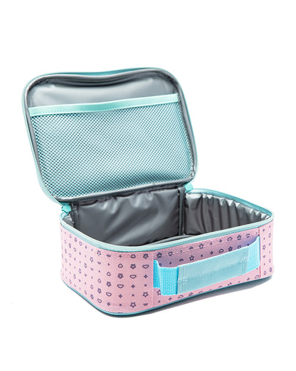 Pink and gray lunch box with a mesh compartment on a white background