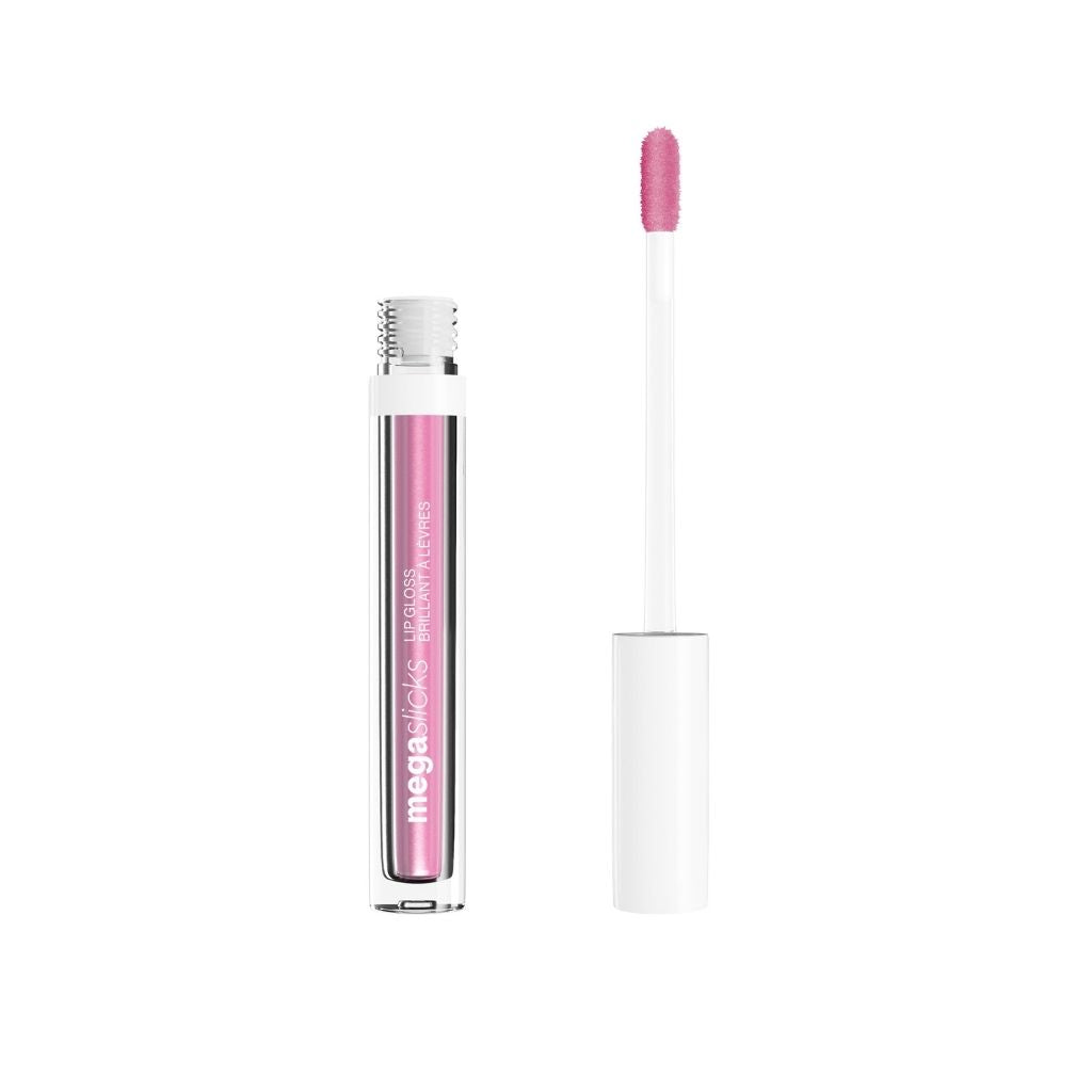 Lip gloss with pink applicator on a white background