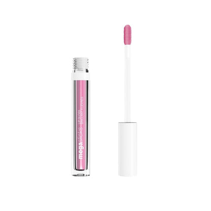 Lip gloss with pink applicator on a white background