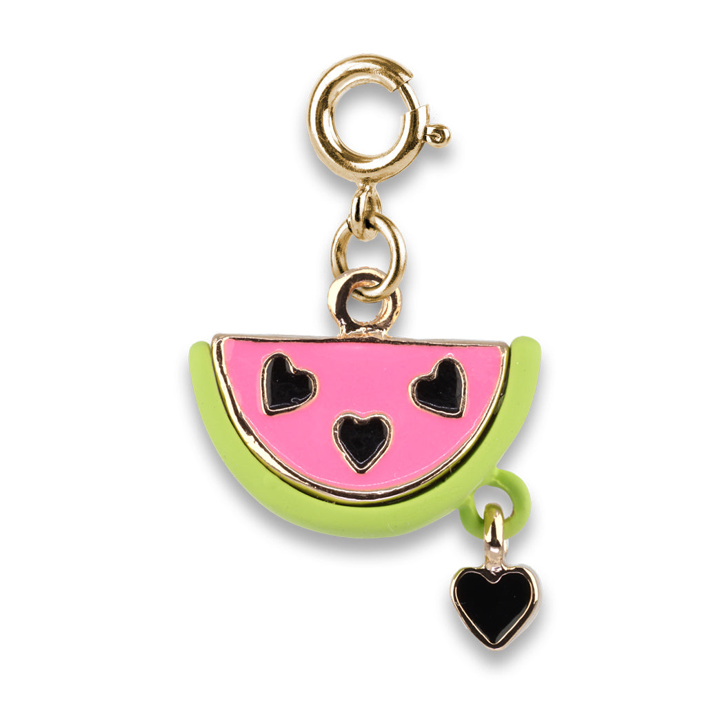 Gold charm shaped like a watermelon slice with black heart details on a white background