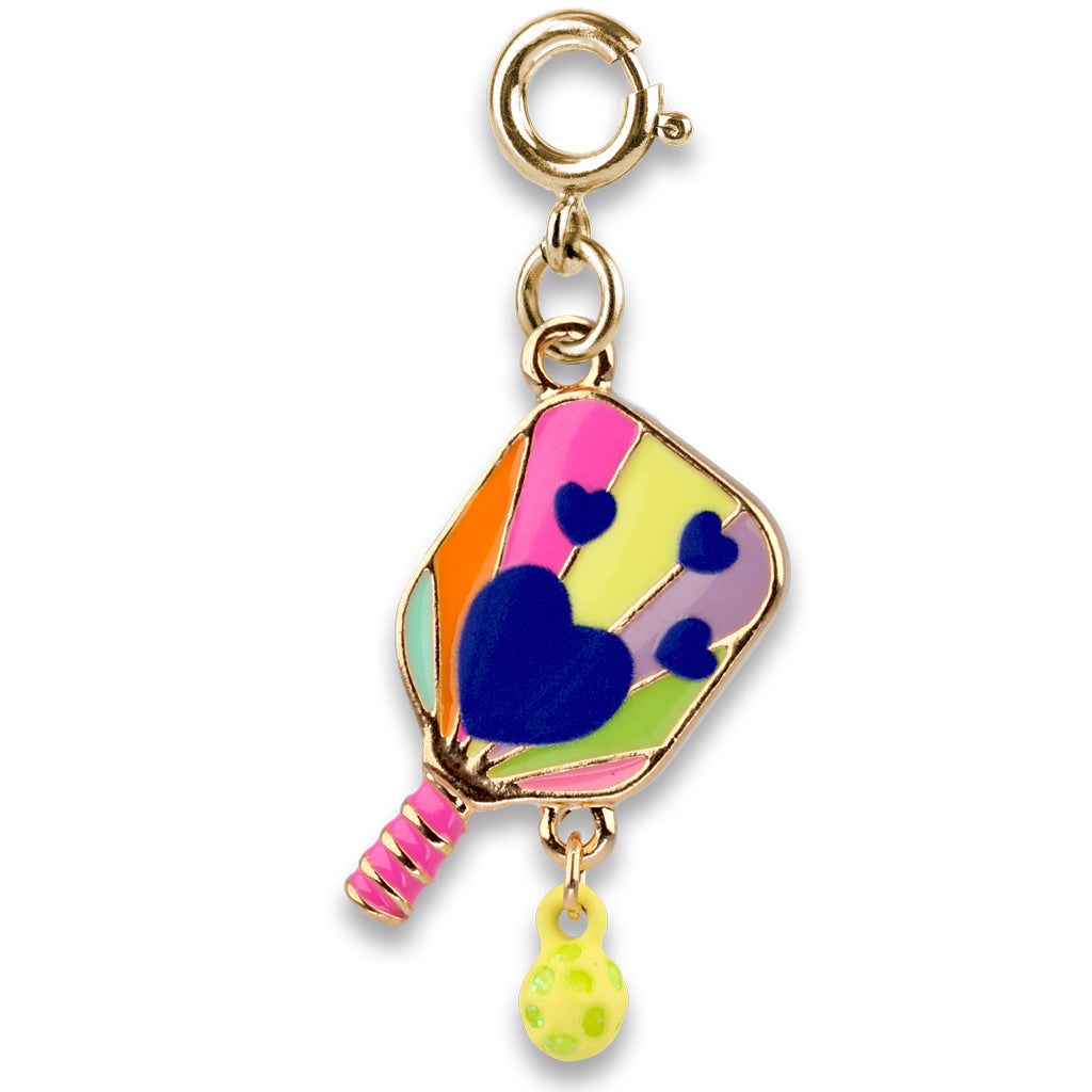 Colorful pickleball paddle charm with a yellow ball on a white background