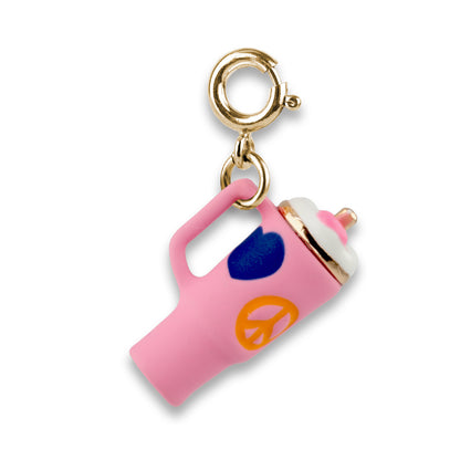 Pink baby bottle charm with gold accents on a white background