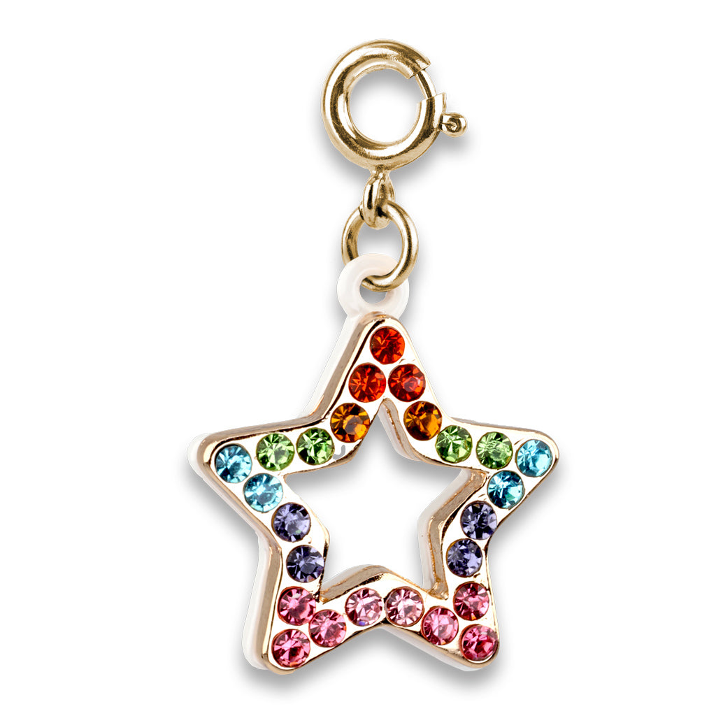 Star-shaped charm with colorful crystals on a white background