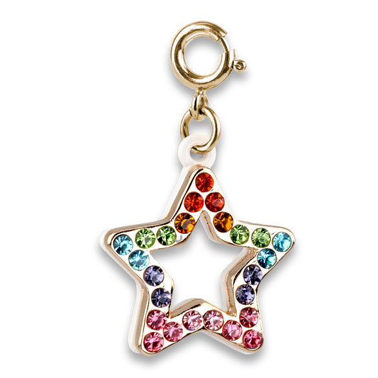 Star-shaped charm with colorful crystals on a white background