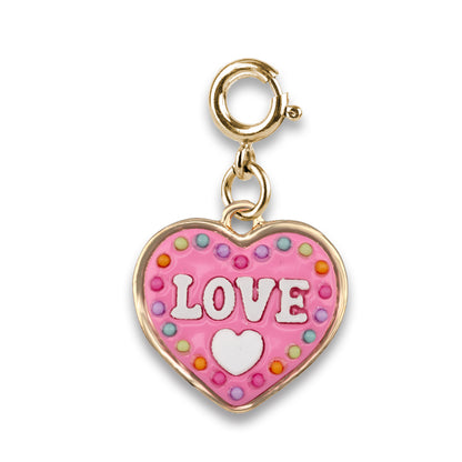 Heart-shaped charm with 'LOVE' text and colorful dots on a white background