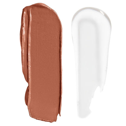 Two swatches of makeup cream, one brown and one white, on a white background.