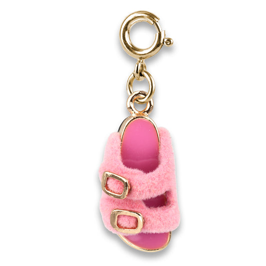 Pink sandal charm with gold accents on a white background
