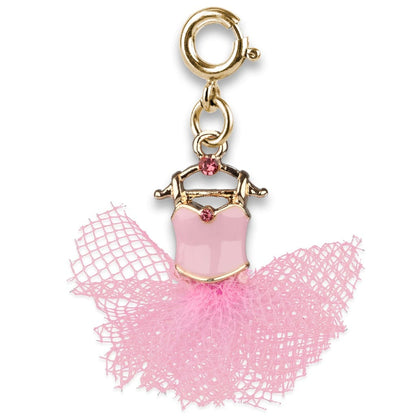 Pink ballerina charm with gold details on a white background