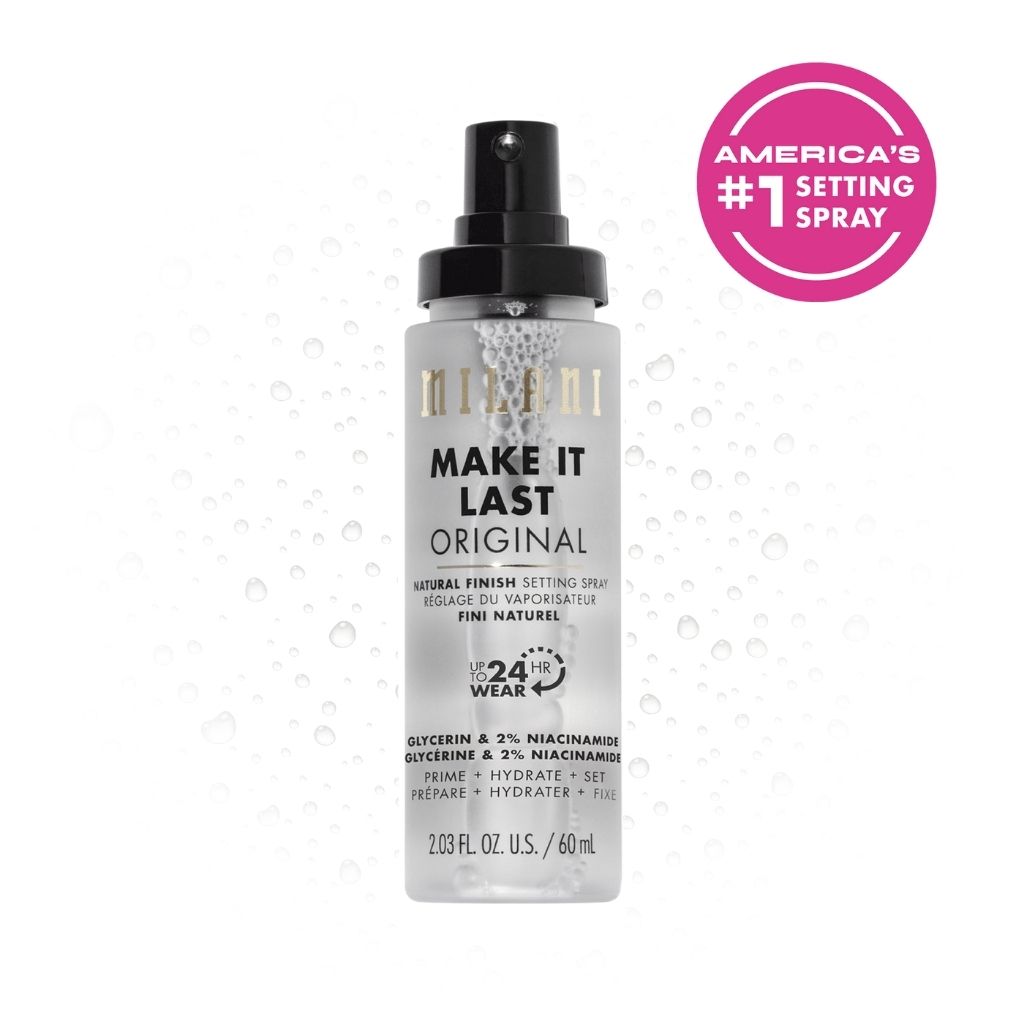 Makeup setting spray bottle with 'America's #1 Setting Spray' badge on a white background