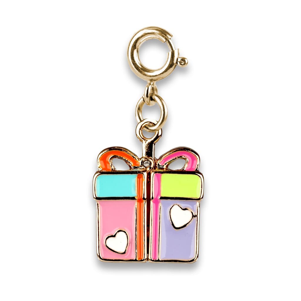 Colorful gift box charm with gold accents on a white background