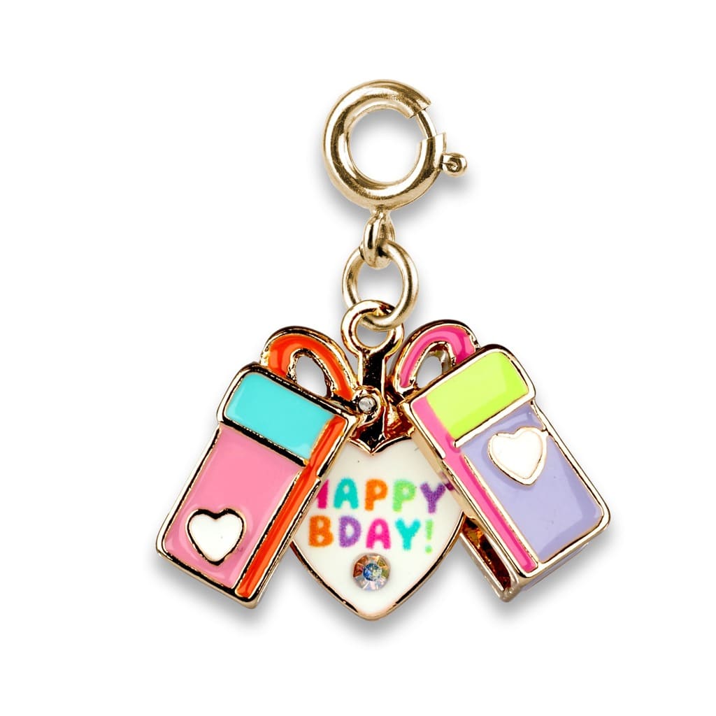 Colorful 'Happy Birthday' charm with heart details on a white background