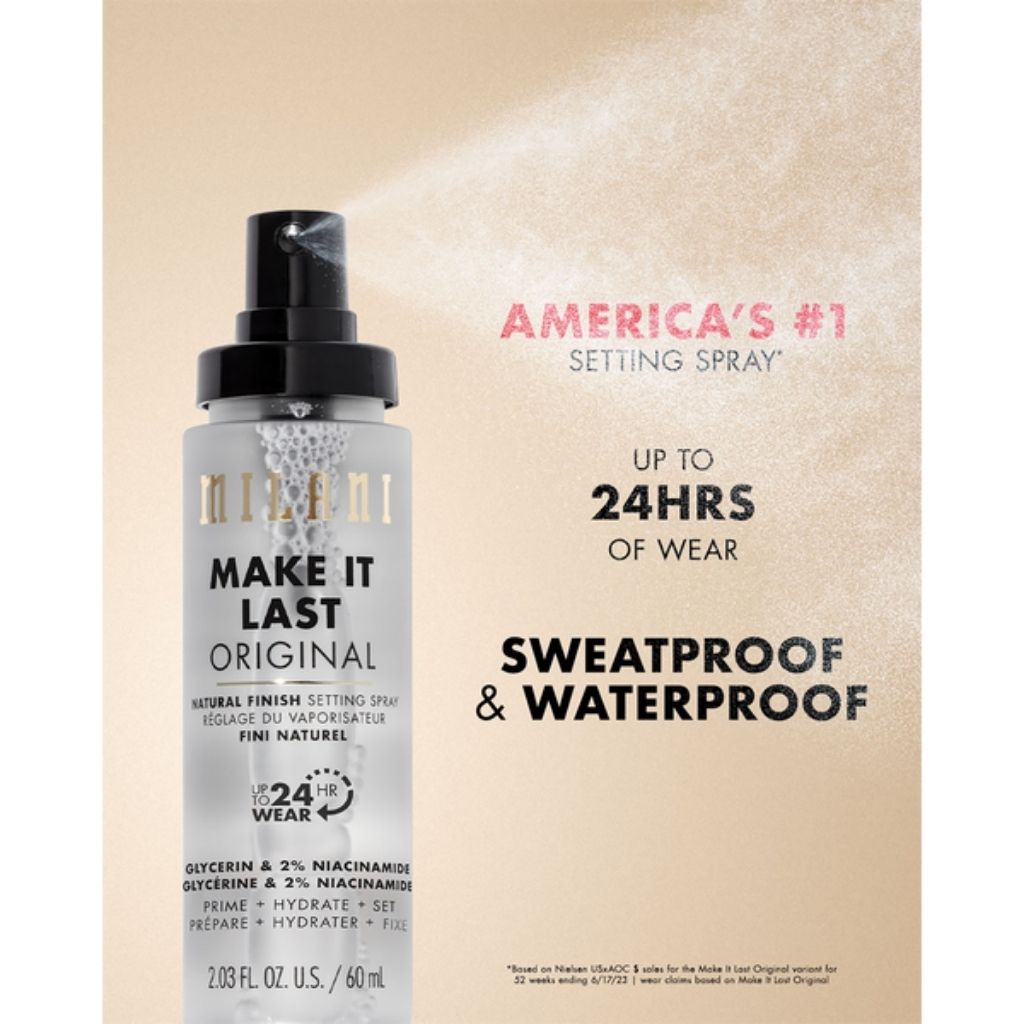 Makeup setting spray bottle with promotional text on a beige background