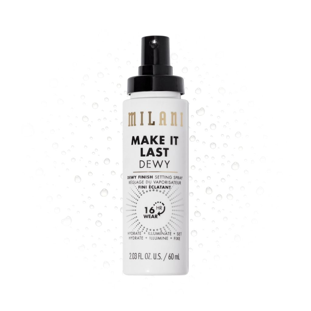 Milani Make It Last Dewy setting spray bottle on a white background