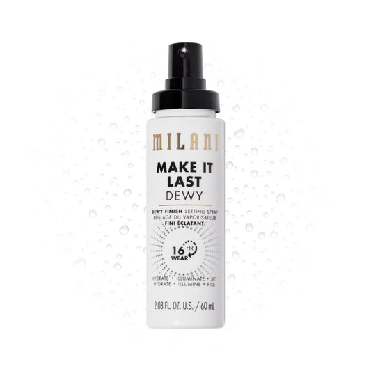 Milani Make It Last Dewy setting spray bottle on a white background