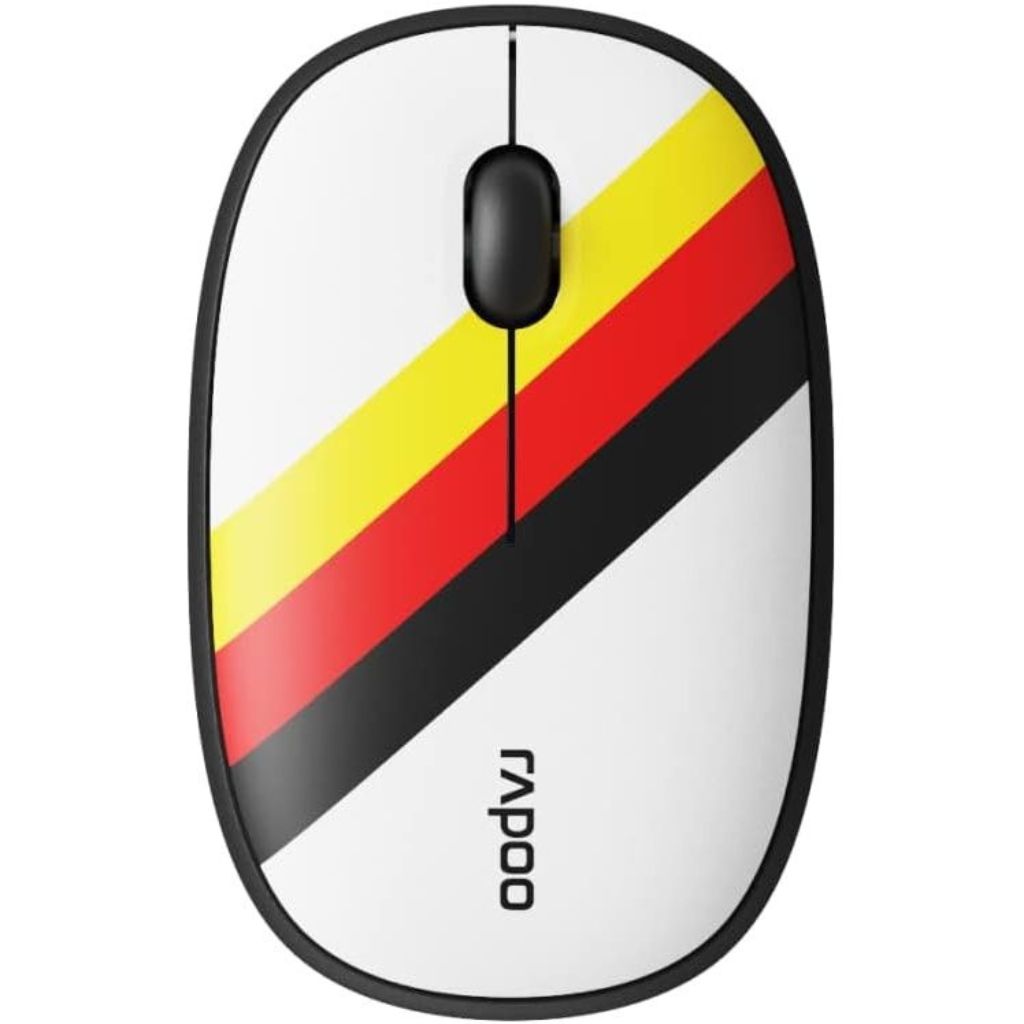 Rapoo wireless mouse with red, yellow, and black striped design on a white background