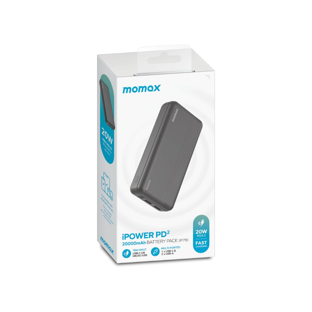 Momax power bank packaging on a white background