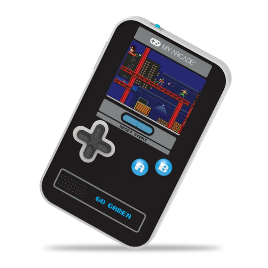 Handheld gaming console with retro design on a white background