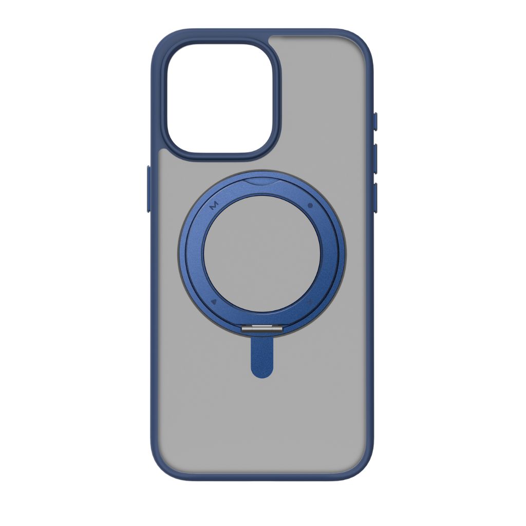 Phone case with blue accent and ring holder on a white background