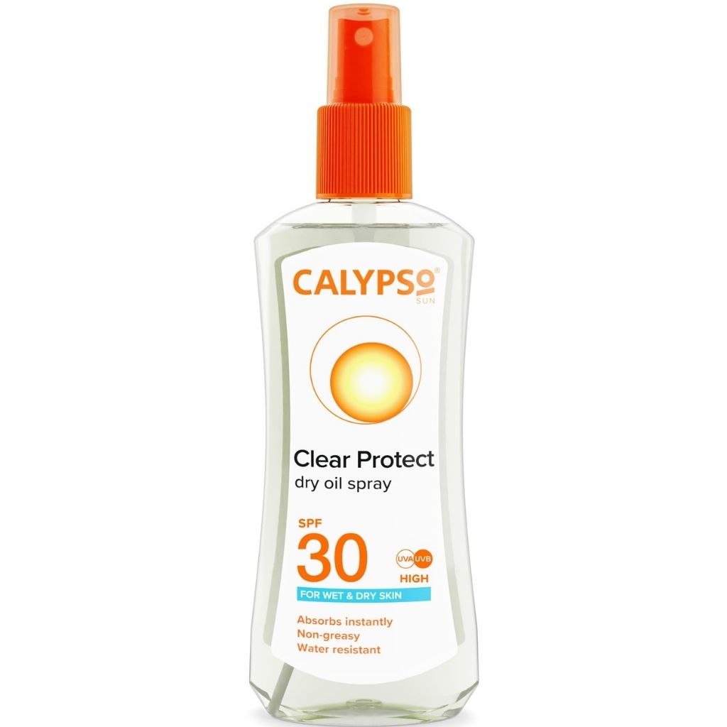 Calypso Clear Protect dry oil spray bottle on a white background