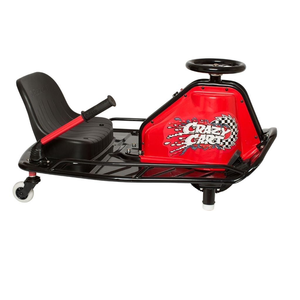 Red and black go-kart with a checkered flag design on a white background