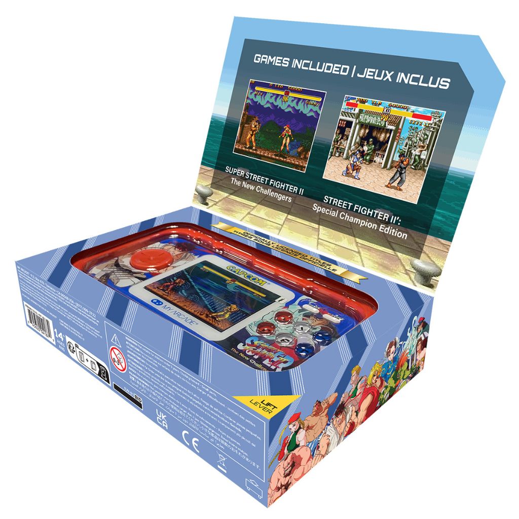 Handheld game console in packaging with Street Fighter graphics on a white background