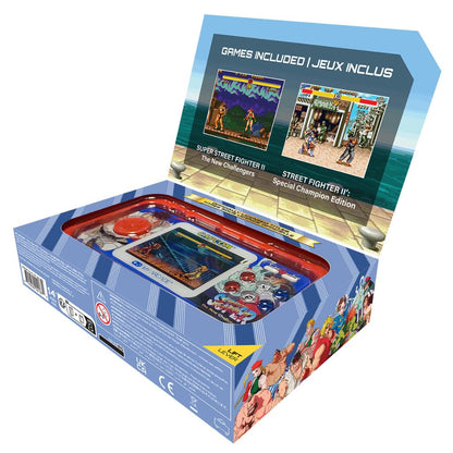 Handheld game console in packaging with Street Fighter graphics on a white background