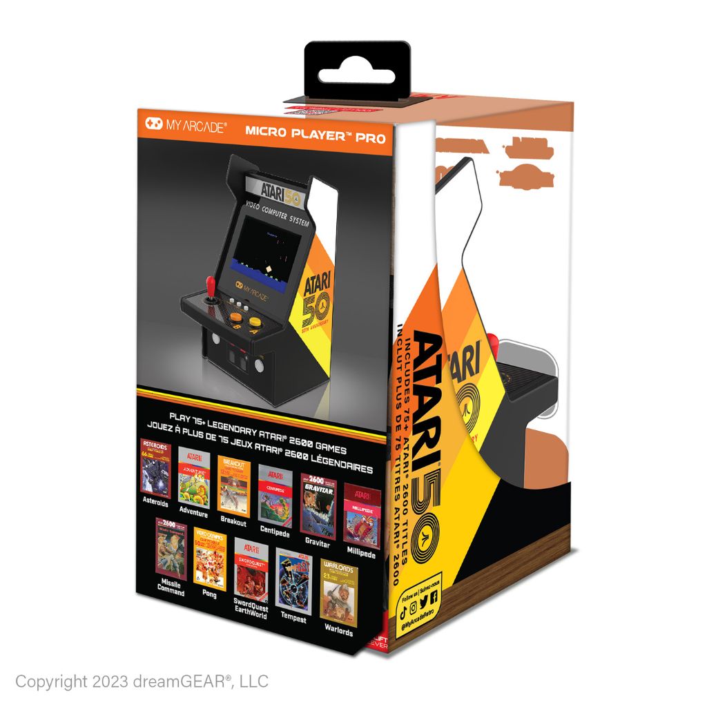 Atari-themed micro player packaging with brand logo and game list on a white background