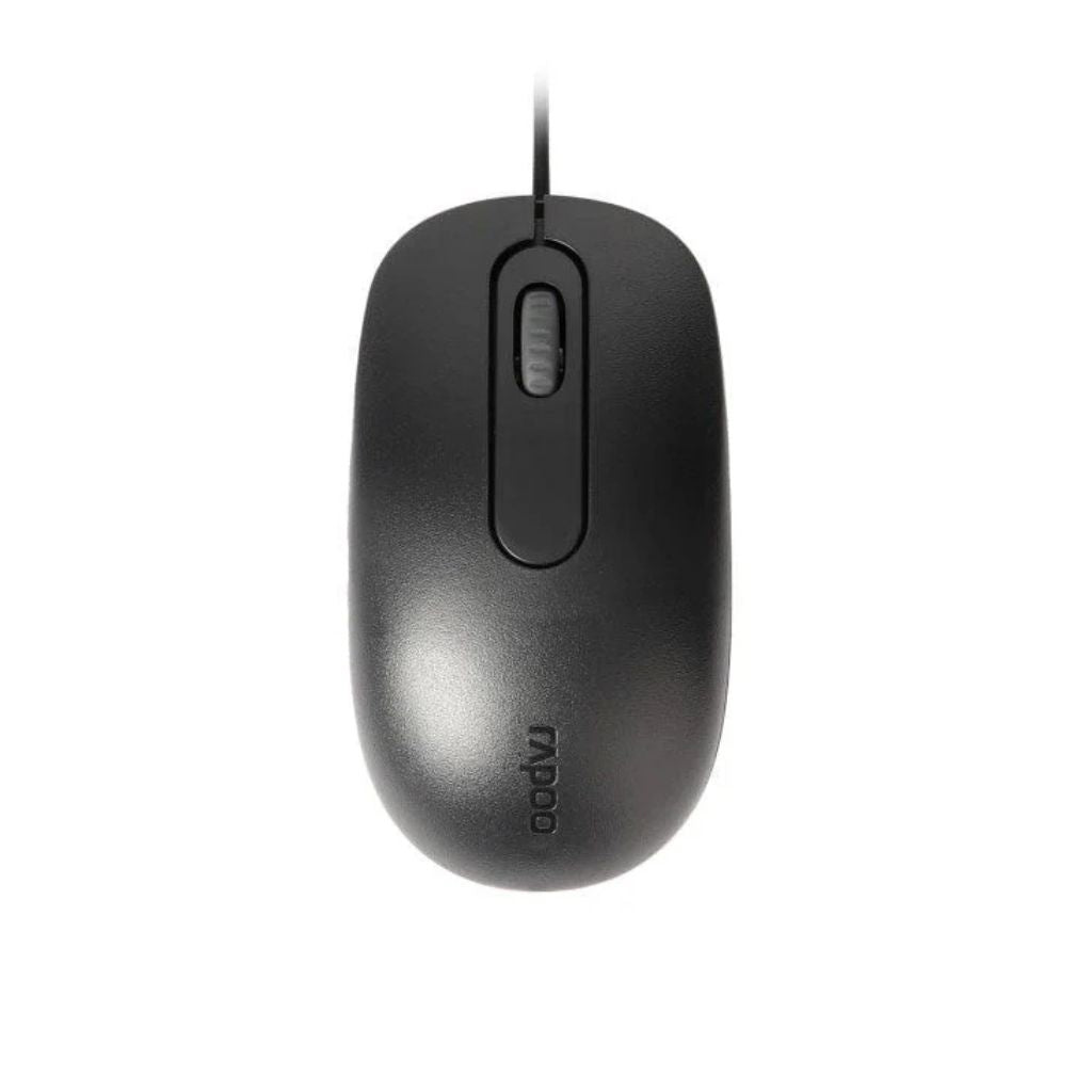 Black computer mouse with 'Rapoo' branding on a white background
