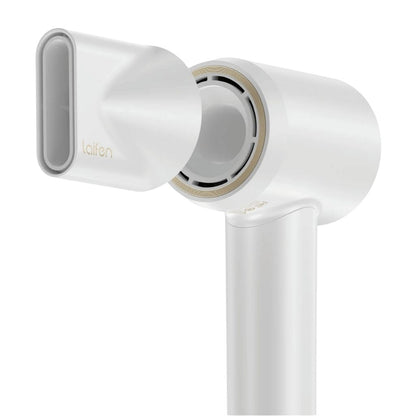 White hair dryer with gold accents on a white background