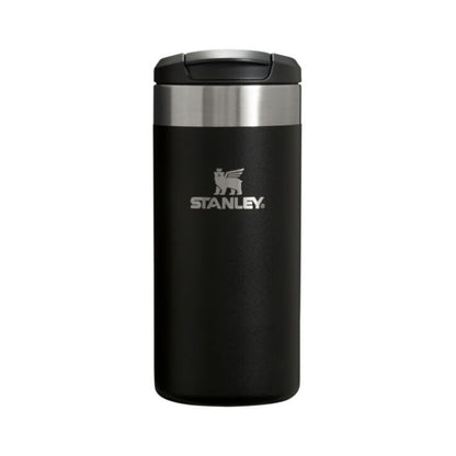 Black Stanley tumbler on a white background