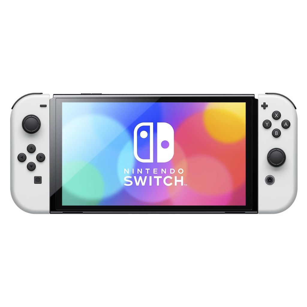 Nintendo Switch console with colorful display on a white background