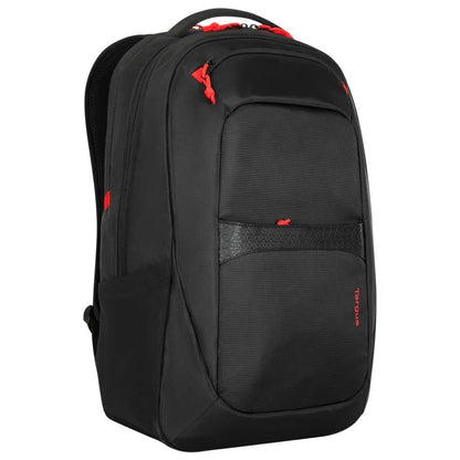 Black backpack with red accents on a white background